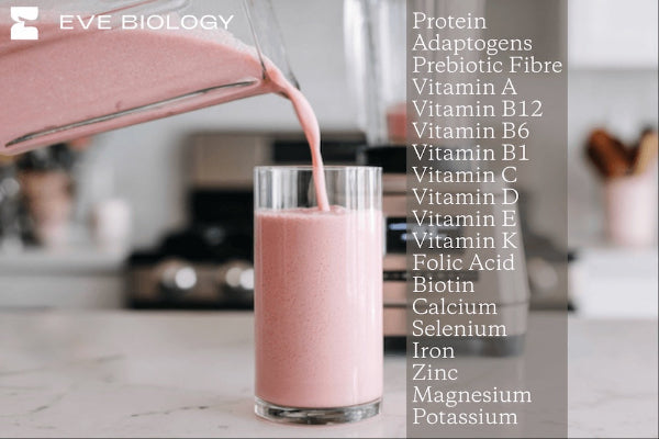 Pink smoothie being poured into a glass with nutritional information on the right, branded 'EVE BIOLOGY'.