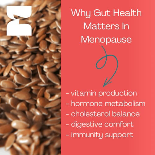 Flaxseeds with text on gut health and menopause on a red background