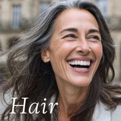 Woman with grey flecks in her hair, smiling