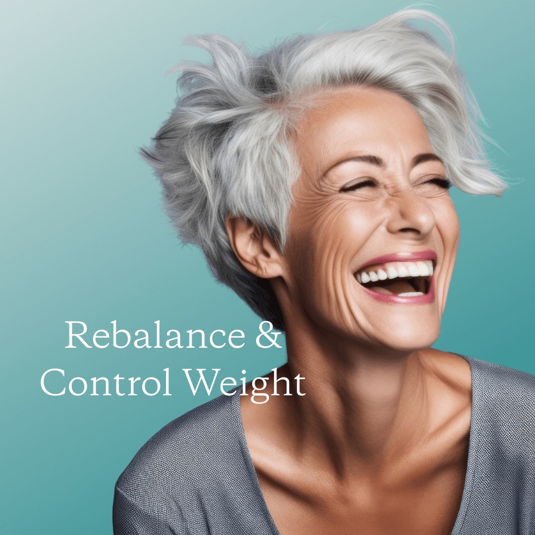 Woman with gray hair laughing against a teal background with text 'Rebalance & Control Weight'.