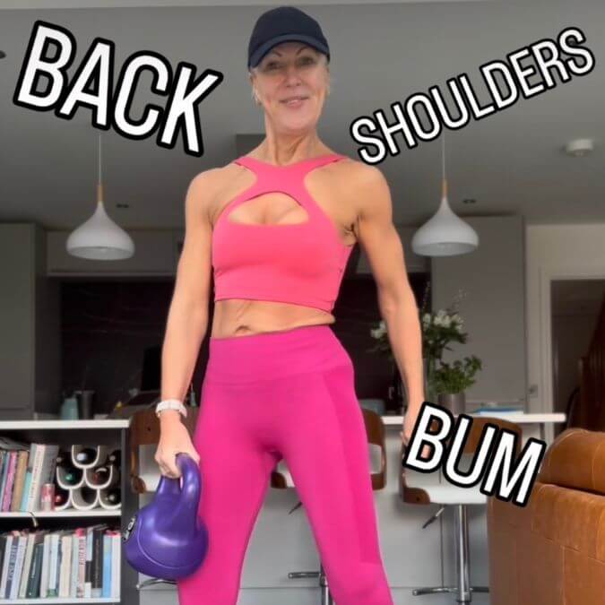 Fiona in pink workout attire holding a purple kettlebell with text labels on a home setting.