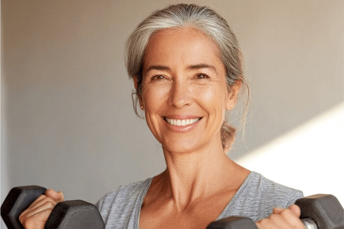 Woman exercising with dumbbells against a neutral background