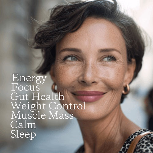 Woman with a blurred background and text about health benefits.