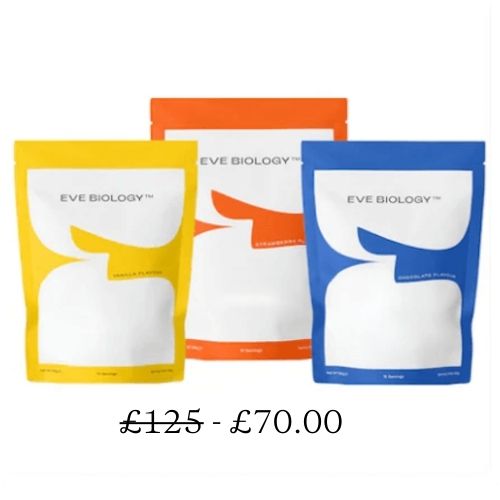 Three Eve Biology product packages in yellow, orange, and blue on a white background with price range displayed.