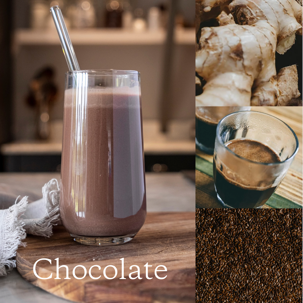Chocolate meal replacement shake with a straw, surrounded by images of ginger and espresso.