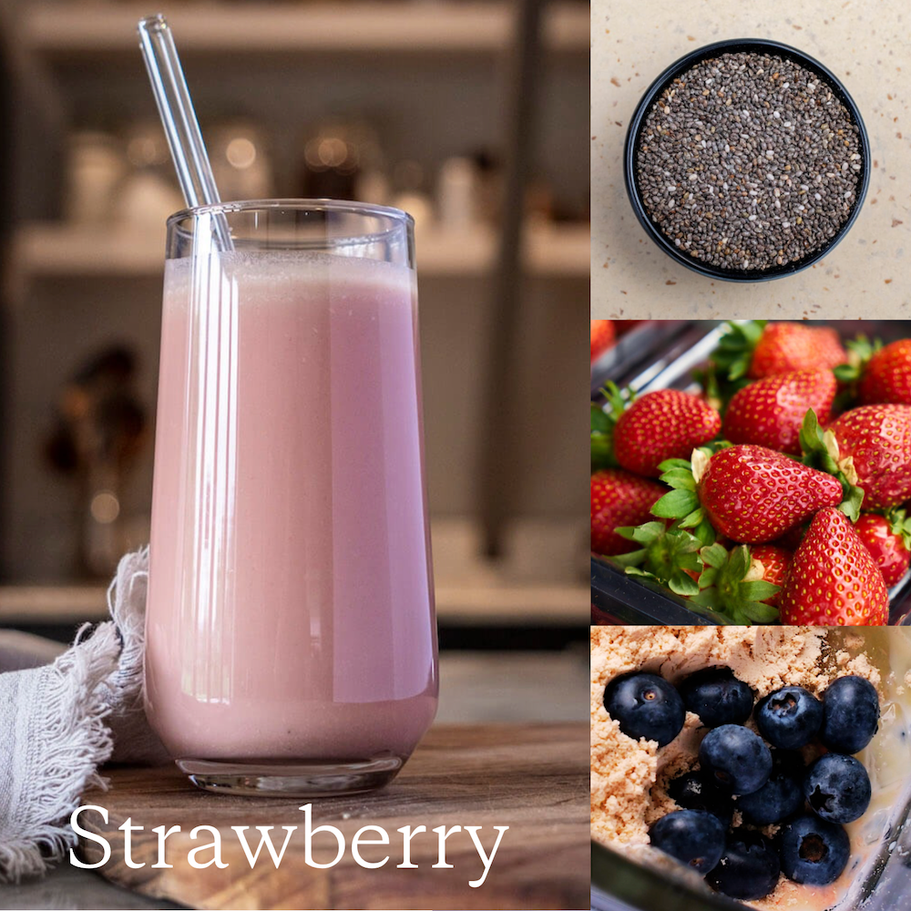 Collage of a strawberry meal replacement shake, chia seeds, strawberries, and blueberries.