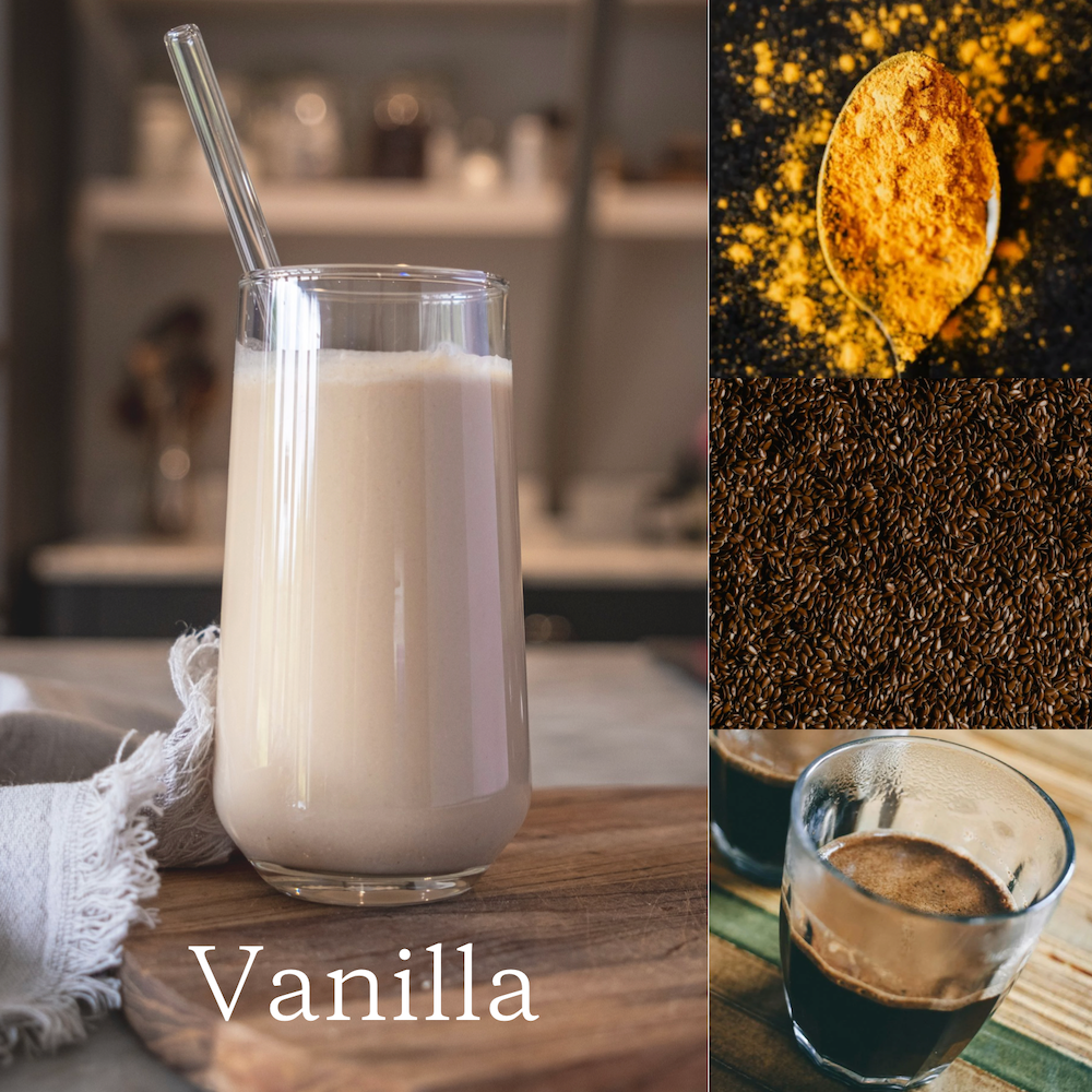 Glass of vanilla meal shake with a straw on a wooden surface with serving suggestions