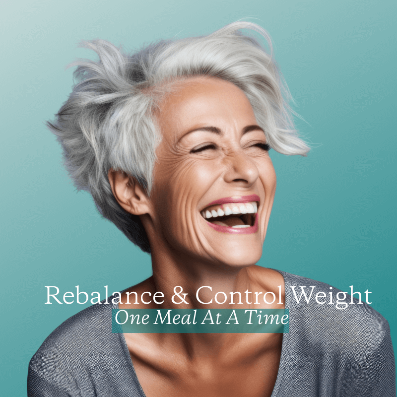 Woman with gray hair laughing against a teal background with text about weight management.