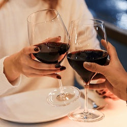 Two people holding glasses of red wine with a blurred background