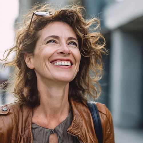 Woman with wavy hair wearing a brown leather jacket outdoors