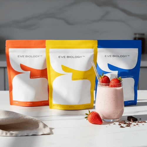 Strawberry, chocolate and vanilla pouches on a kitchen counter