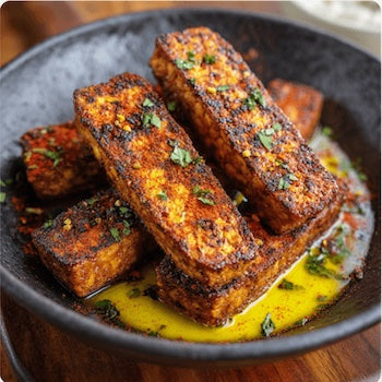 Baked tempeh with a crispy exterior and dipping sauce in a black dish on a wooden table.