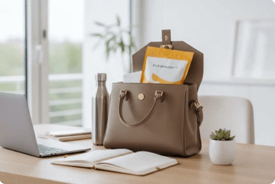 Brown leather bag on a desk with laptop, notebook, and water bottle