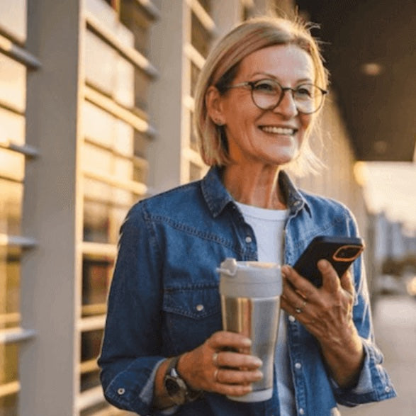 Woman holding a coffee cup and phone, smiling outdoors.